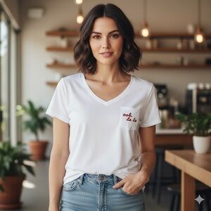 Maison Jules Ooh La La Pocket Tee XL White V-Neck Slub Knit Embroidered Top